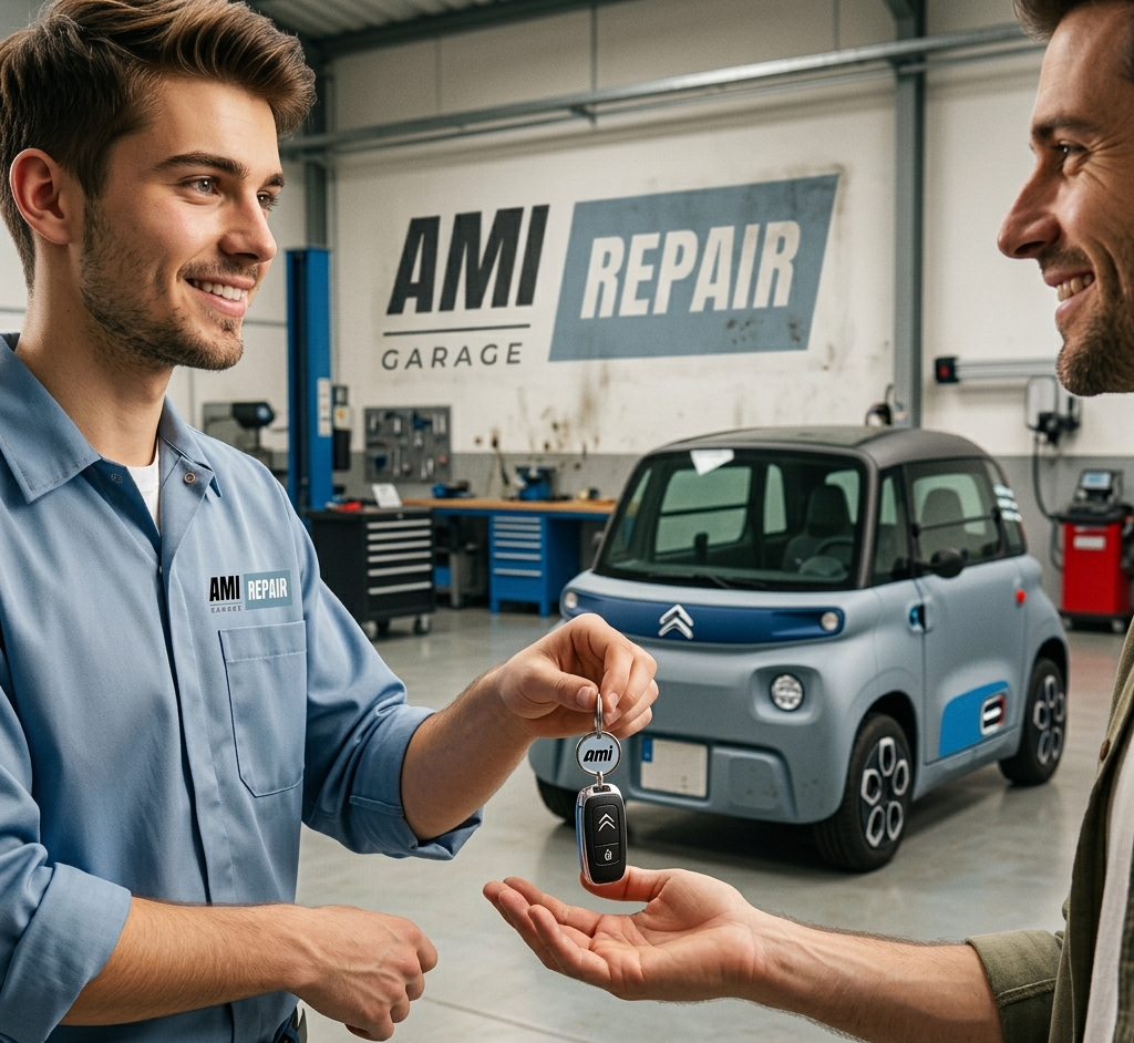 Un jeune mécanicien souriant en uniforme bleu remet les clés d'une Citroën Ami à un client dans un garage moderne. Le logo 'AMI REPAIR GARAGE' est visible sur le mur en arrière-plan et sur la chemise du technicien.